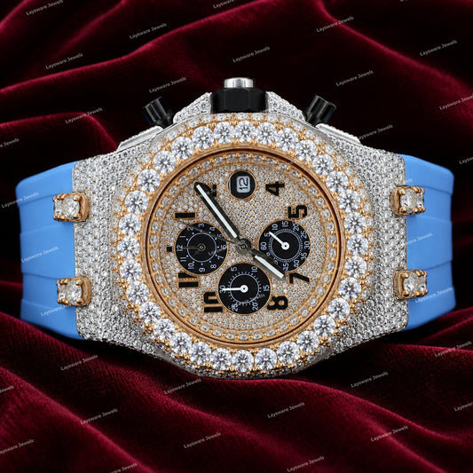 Premium Moissanite Diamond Timepiece With Sky Blue Rubber Strap Elegant Iced Luxury Design
