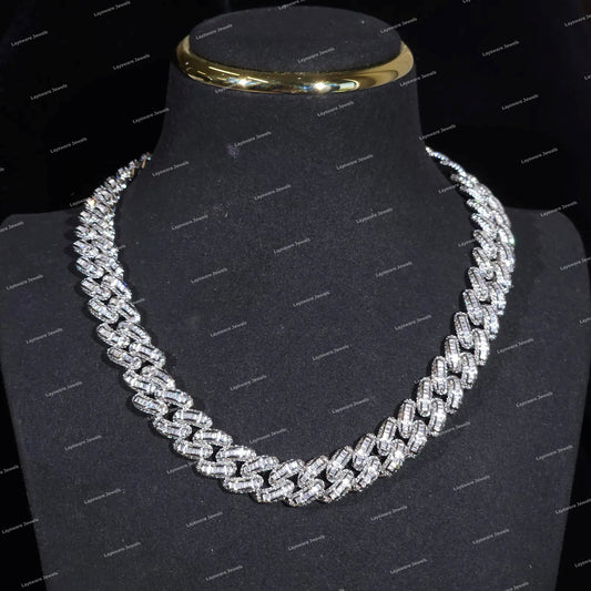 Trending Claw Setting Baguette Cut Cuban Link Chain Moissanite Custom Hip Hop Statement 925 Silver Necklace