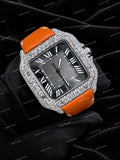 Premium Moissanite Diamond Watch With Orange Leather Strap Custom Hip Hop Fashion Style