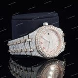 Luxury Fully Iced Out VVS Moissanite Diamond Two Tone Watch With Red Arabic Numerals