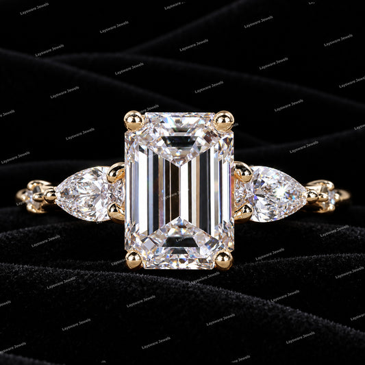 Emerald and Pear Cut VVS Moissanite Diamond Engagement Ring for Her