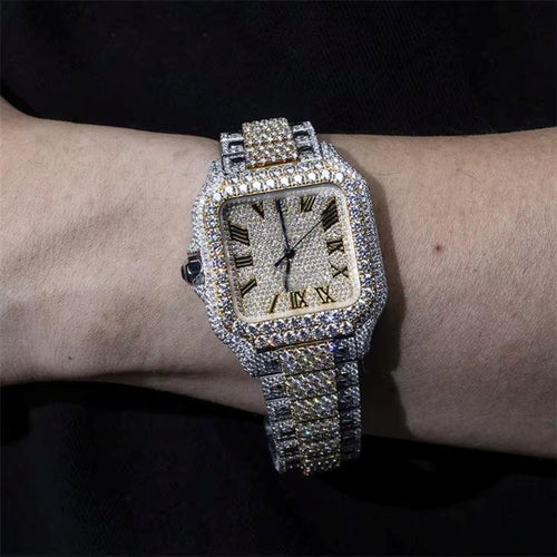 Iced Out Stainless Steel with Roman Dial Diamond Watch