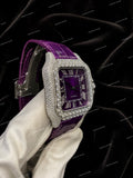Custom Full Iced Moissanite Diamond Watch With Purple Leather Strap Snow White Luxury Look