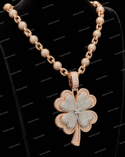 Four Leaf Clover Charm Pendant 925 Silver Plated Rose Gold Round Cut VVS Moissanite Diamond Unisex Pendant