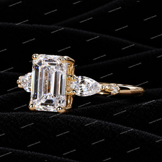 Emerald and Pear Cut VVS Moissanite Diamond Engagement Ring for Her