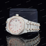 Luxury Fully Iced Out VVS Moissanite Diamond Two Tone Watch With Red Arabic Numerals