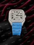 Premium Personalized VVS Moissanite Diamond Watch With Sky Blue Rubber Strap Hip Hop Design
