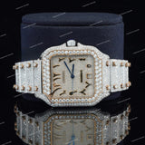 Luxury Iced Square Dial Watch with Rose Gold Tone Moissanite Diamond Bezel Buss Down Watch