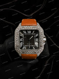 Premium Moissanite Diamond Watch With Orange Leather Strap Custom Hip Hop Fashion Style