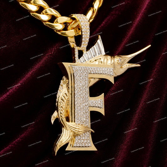 Custom Iced Out Marlin Fish Letter F VVS Moissanite Diamond 925 Sterling Silver Hip Hop Necklace Charm Pendant