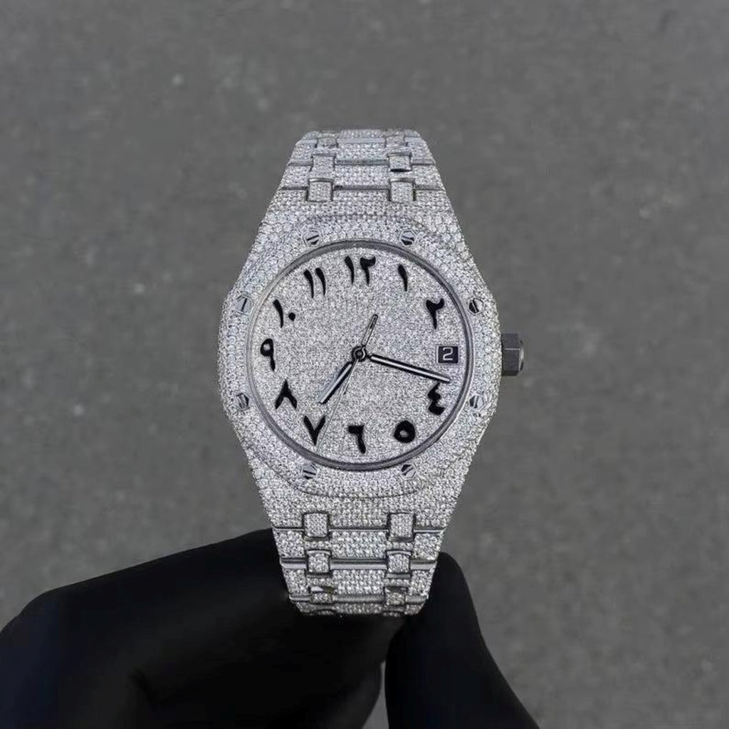 Iced Out Stainless Steel Arabic Dial Moissanite Diamond Watch