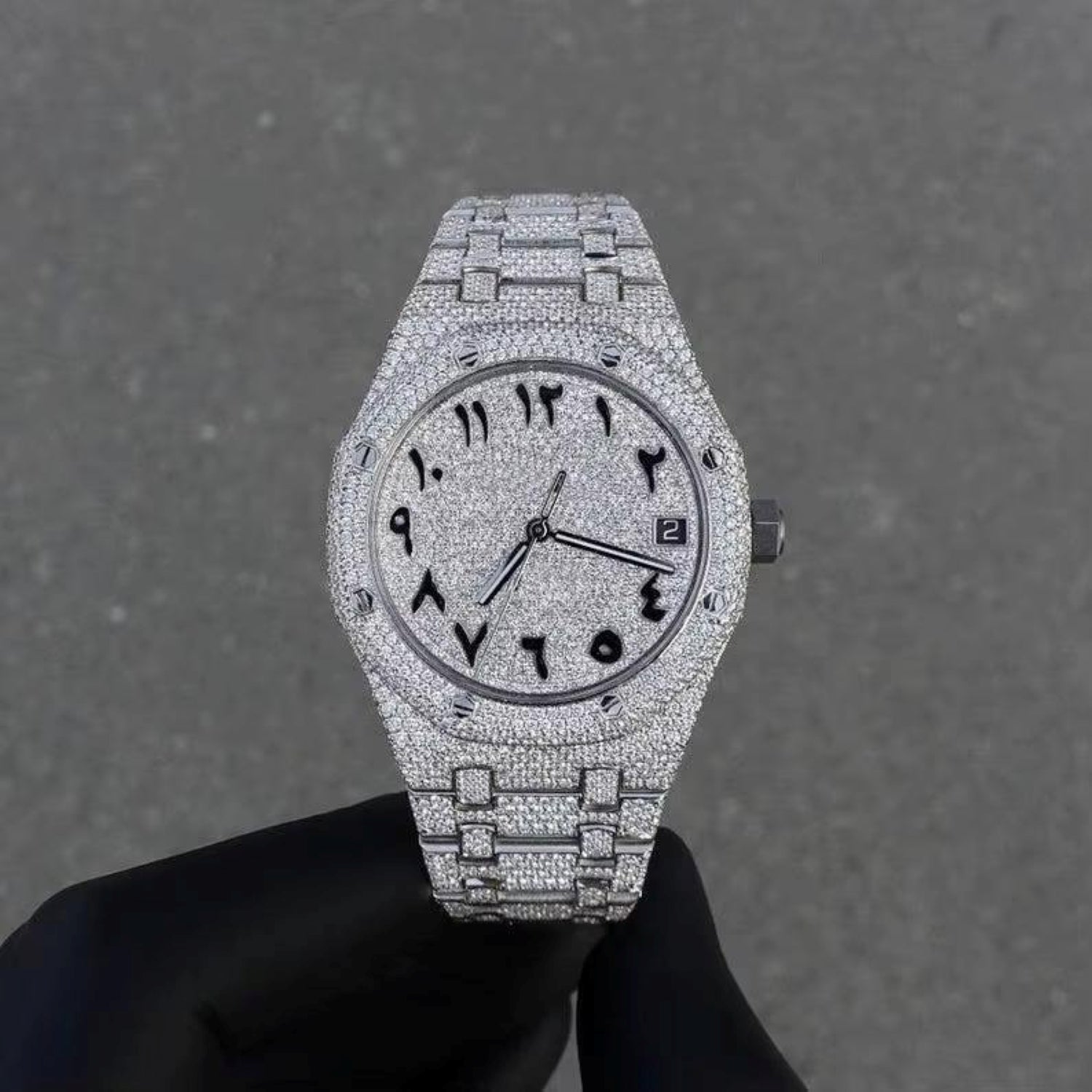 Iced Out Stainless Steel Arabic Dial Moissanite Diamond Watch