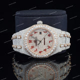 Luxury Fully Iced Out VVS Moissanite Diamond Two Tone Watch With Red Arabic Numerals