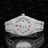 Luxury Fully Iced Out VVS Moissanite Diamond Two Tone Watch With Red Arabic Numerals