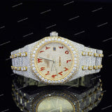 Luxury Fully Iced Out VVS Moissanite Diamond Two Tone Watch With Red Arabic Numerals