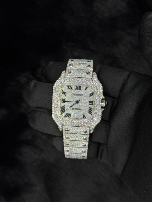 Custom Luxury Snow White Full Iced Santos Moissanite Diamond Watch Fashion Style
